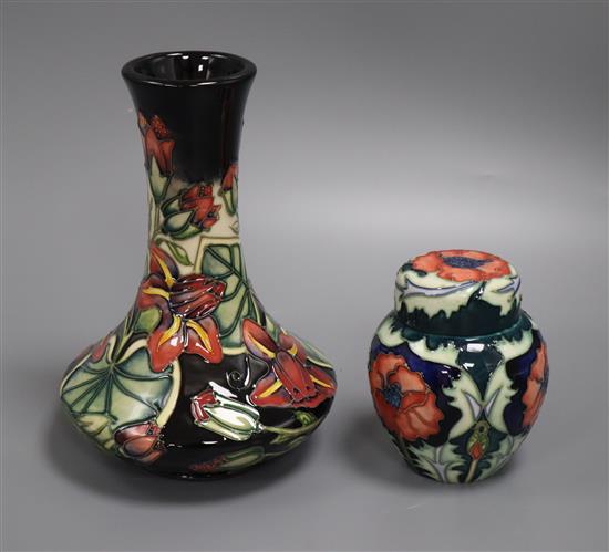 A Moorcroft clematis vase and a poppy jar and cover tallest 20cm